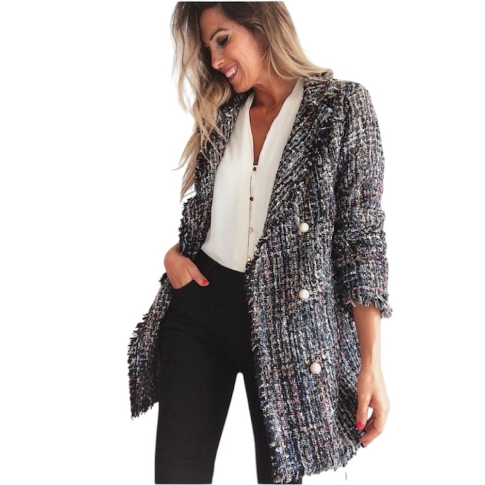Sans Souci COAT Tweed Textured Black & White Frayed Edge Coat/Blazer Size S